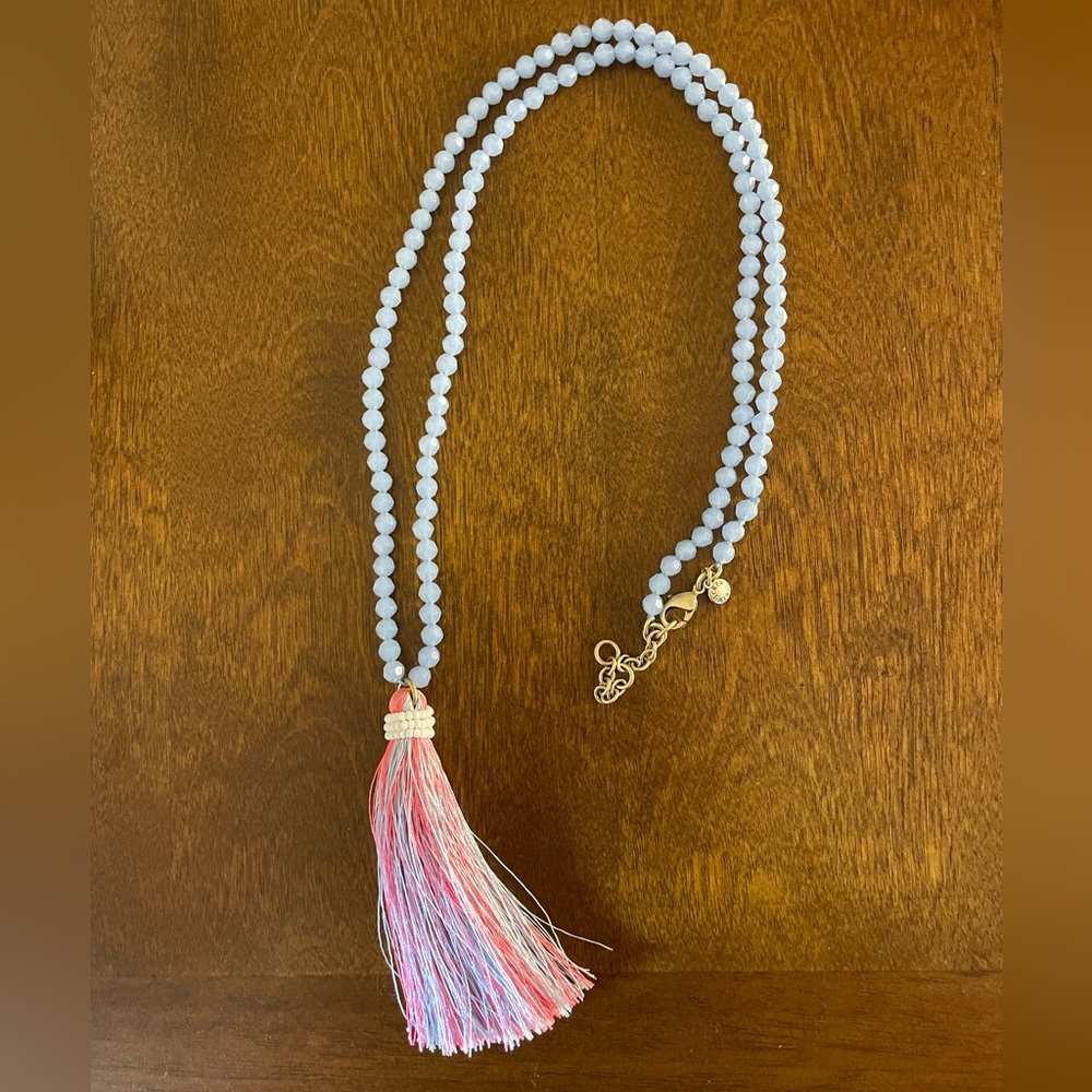 J.Crew tassel necklace- light blue beads with hot pink tassel
